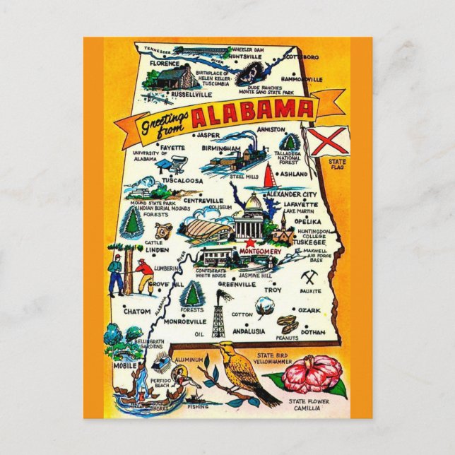 Alabama delstatskarta vykort (Framsida)