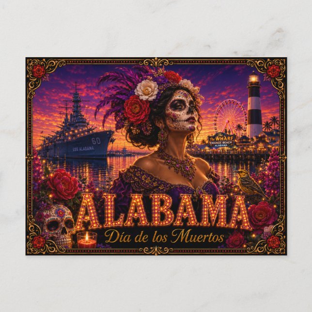 Alabama Día de los Muertos Retro Vykort (Framsida)