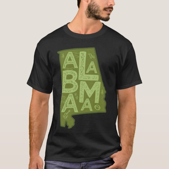 Alabama Karta Typography Grönt T Shirt (Framsida)