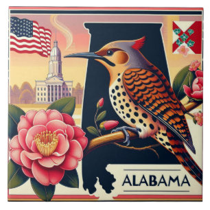 Alabama Northern Flicker Bird & Camellia Flower Kakelplatta