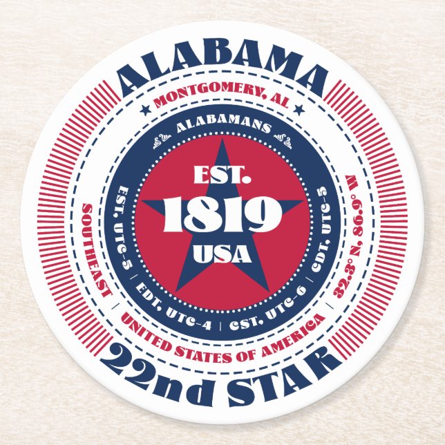 Alabama Rött vitt blått Typografi Underlägg Papper Rund (Framsidan)