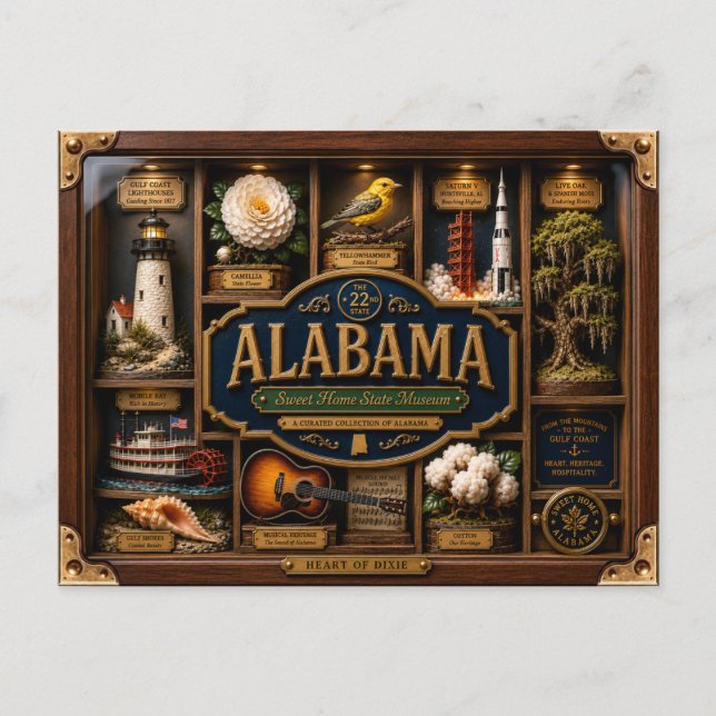 Alabama Shadow Box 3D Figurin Delstat Vykort (Framsida)