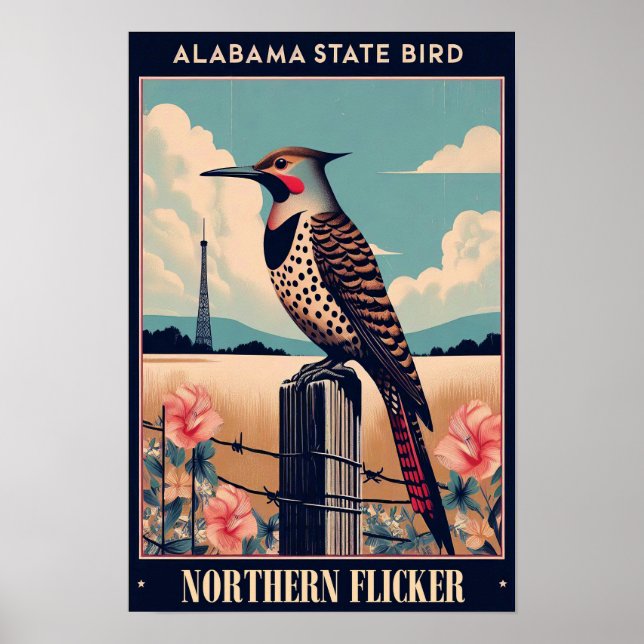 Alabama Statens Fågel - Nordlig Guldvivel Retro  Poster (Framsidan)