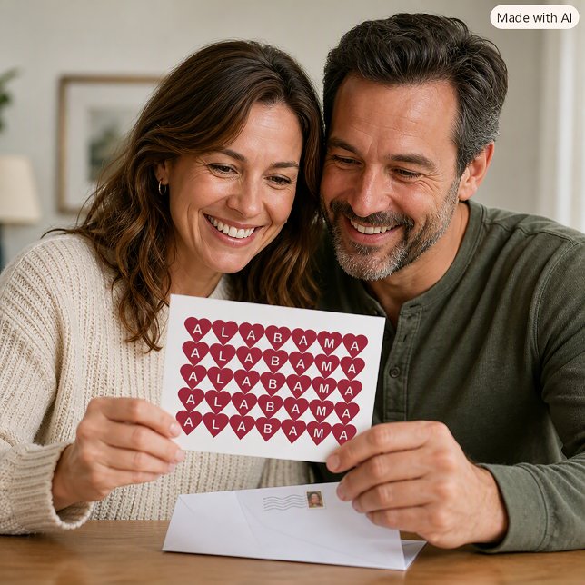 Alabama Statens Röda Hjärtmönster Vykort (A postcard with a pattern of crimson red hearts that spell out Alabama.)
