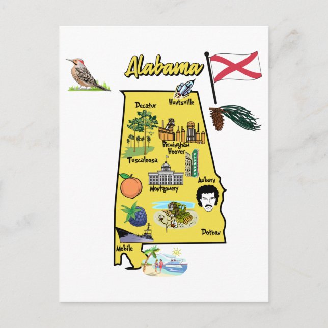 Alabama-turismen karta med landmärken vykort (Framsida)