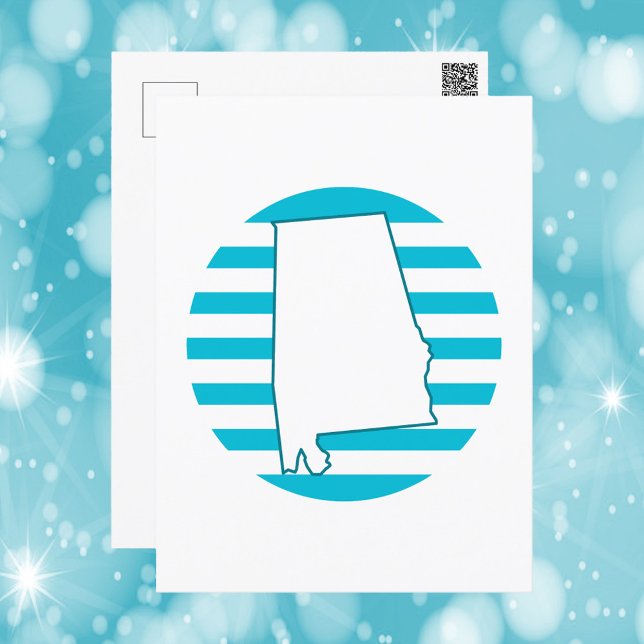 Alabama US State Outline Blue Retro Circle Vykort (A postcard with the state outline of Alabama and a blue retro circle.)