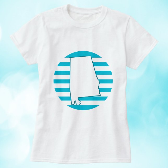 Alabama US State Retro Circle Blue T Shirt (A tshirt with the state outline of Alabama in front of a retro style circle.)