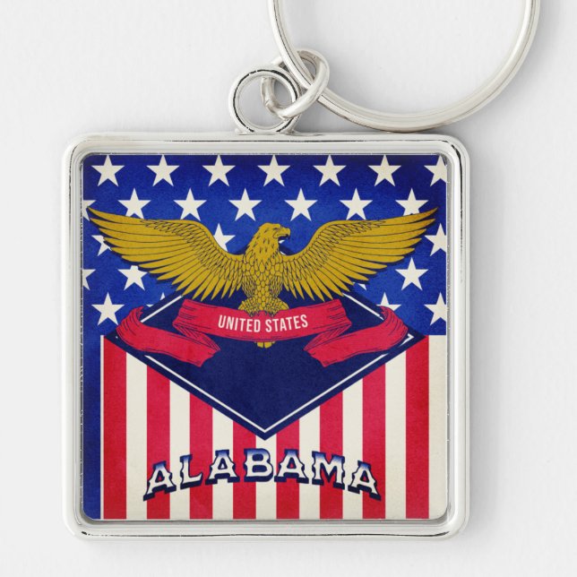 Alabama USA flagga Fyrkantig Silverfärgad Nyckelring (Framsidan)