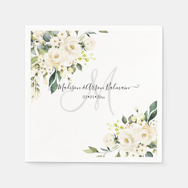 Alabasterrosor Monogram Blommig Akvarell Pappersservett (Framsidan)