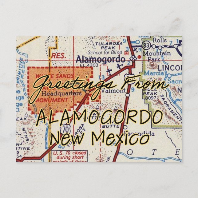 Alamogordo NM Vintage Karta Vykort (Framsida)