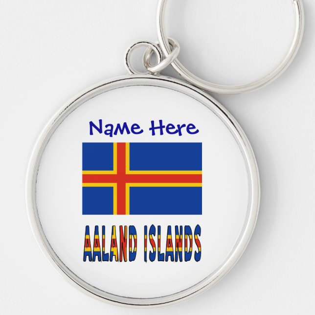 Åland Åländer Personlig Flagga Blå Rund Silverfärgad Nyckelring (Framsidan)