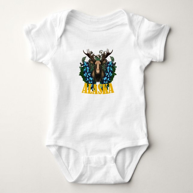 Alaska Älg Och Alpina Myosotis Blommor T Shirt (Framsida)