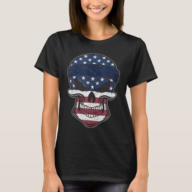 Alaska American Flag Skull  State Flag Alaska Root T Shirt (Framsida)