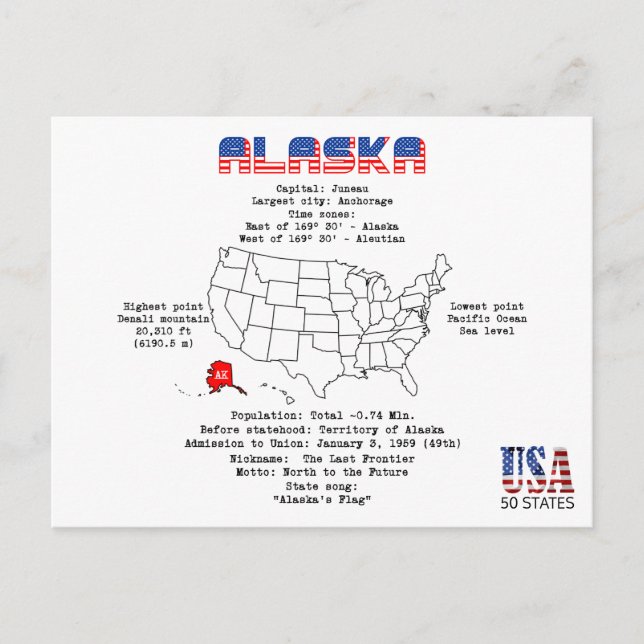 Alaska American State på karta och användbar infor Helg Vykort (Framsida)