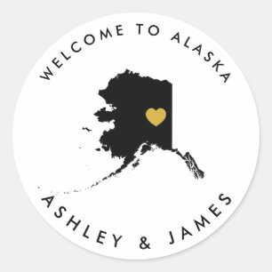 Alaska Bröllop Welcome Sticker Märkre, Guld & Blac Runt Klistermärke