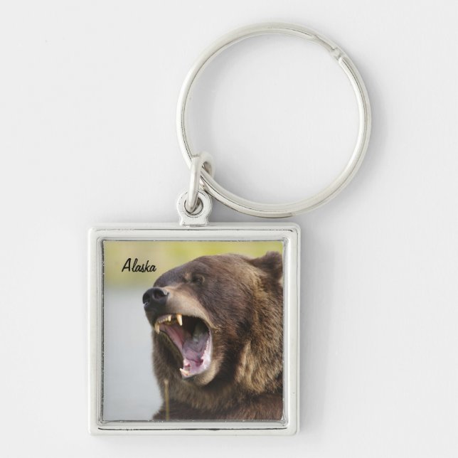 Alaska bruntbjörn Keychain Fyrkantig Silverfärgad Nyckelring (Framsidan)