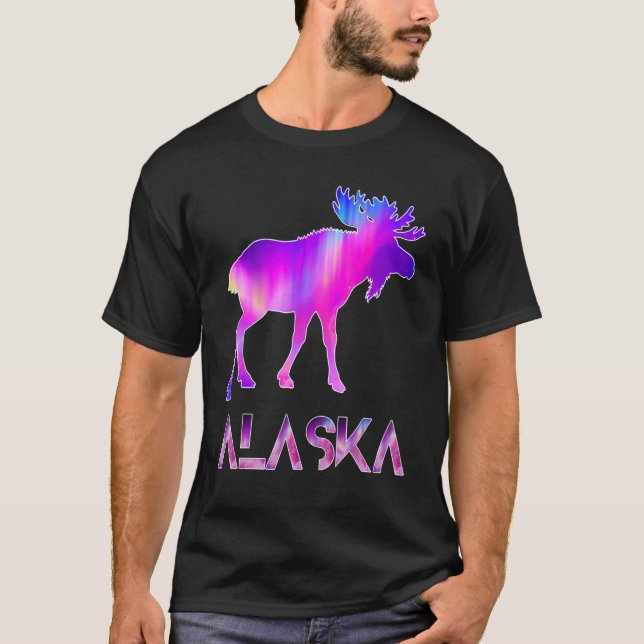 Alaska Day Moose Aurora Borealis At Night T Shirt (Framsida)
