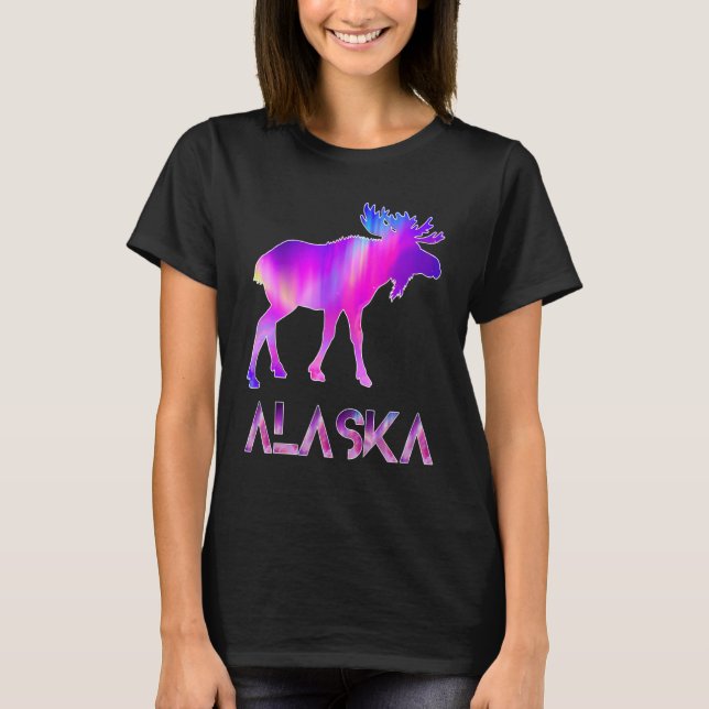 Alaska Day Moose Aurora Borealis At Night T Shirt (Framsida)