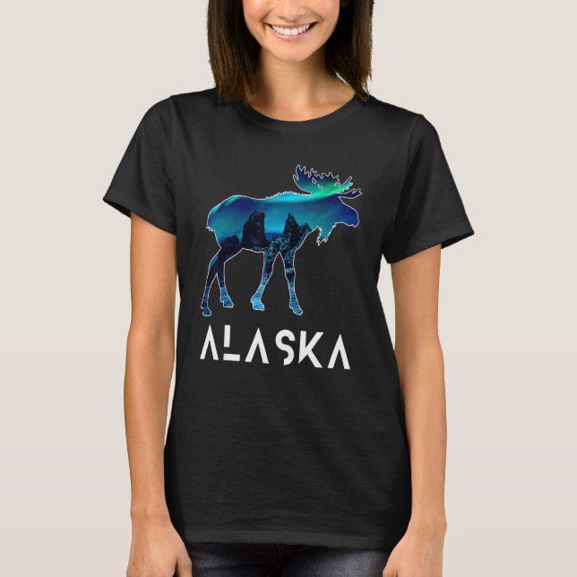 Alaska Day Moose Aurora Borealis Northern Ljus T Shirt (Framsida)