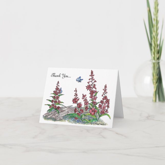 Alaska Fireweed Blomma m/Blå Fjäril Designad Tack Kort (Framsida)