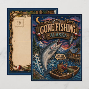 Alaska Gone Fishing Jätte King Lax Vykort