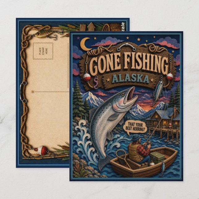Alaska Gone Fishing Jätte King Lax Vykort (Fram/baksida)