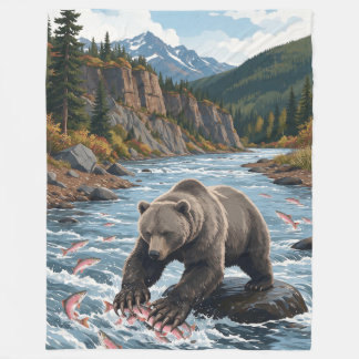 Alaska Grizzly Björn Flod Lax Fiske Fleecefilt