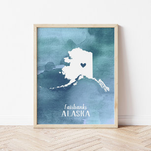 Alaska Karta Blue Watercolor Personlig Art Poster