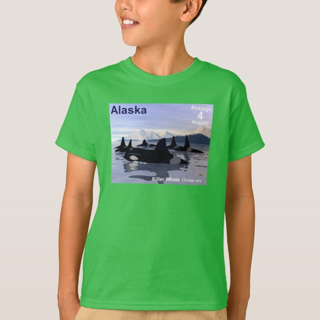 Alaska Killer Whales Frimärke Tee Shirt (Framsida)