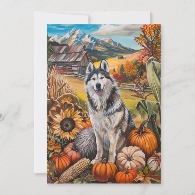 Alaska Malamute Autumn Harvest Thanksgiving Hund Julkort (Framsida)