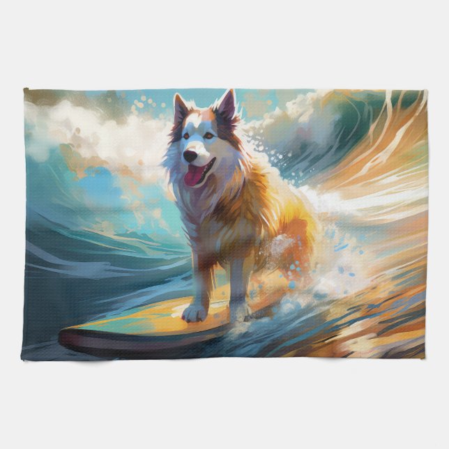 Alaska Malamute Beach Surfing Painting Kökshandduk (Horisontell)