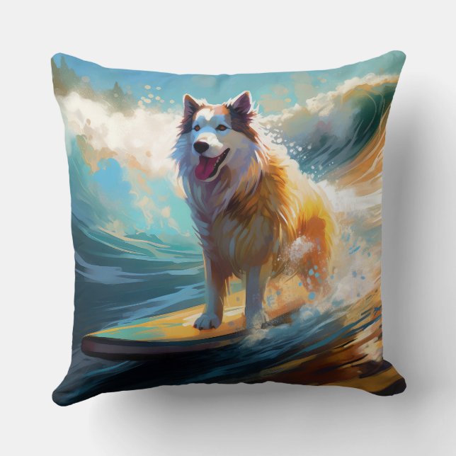 Alaska Malamute Beach Surfing Painting Kudde (Baksida)