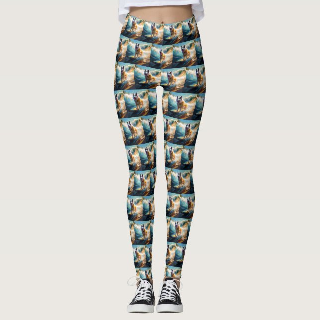 Alaska Malamute Beach Surfing Painting Leggings (Framsida)
