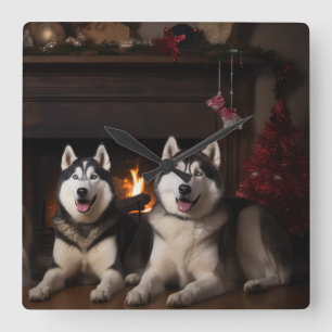 Alaska Malamute efter julgranen Fyrkantig Klocka