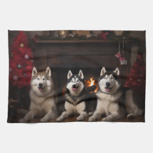 Alaska Malamute efter julgranen Kökshandduk