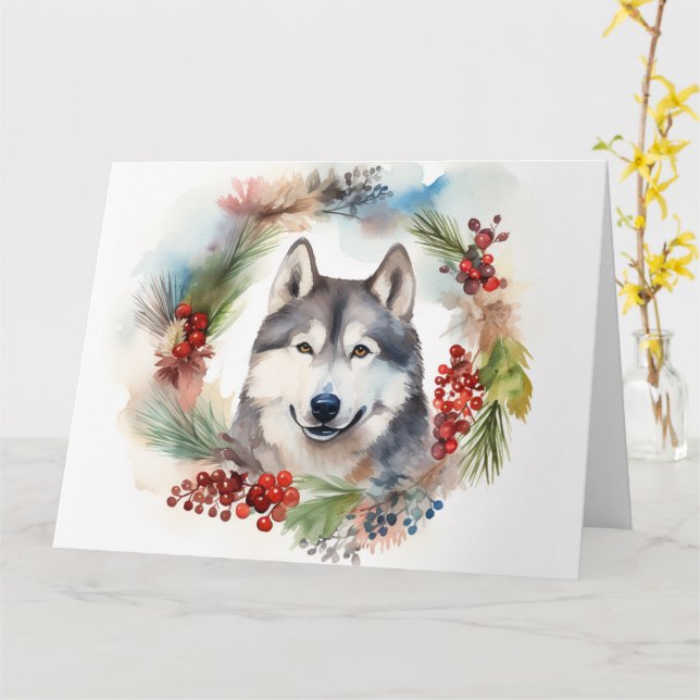 Alaska Malamute God Jul - Utandning Valp Kort (Gul blomma)