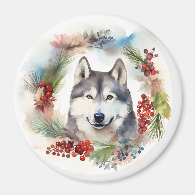 Alaska Malamute God Jul - Utandning Valp Magnet (Framsidan)