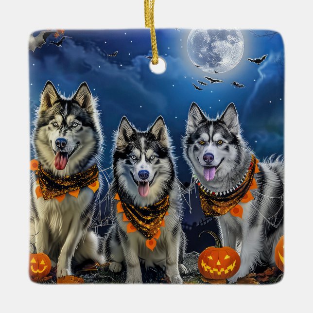 Alaska Malamute Halloween Spooky Julgransprydnad Keramik (Framsida)