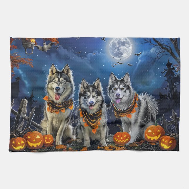 Alaska Malamute Halloween Spooky Kökshandduk (Horisontell)