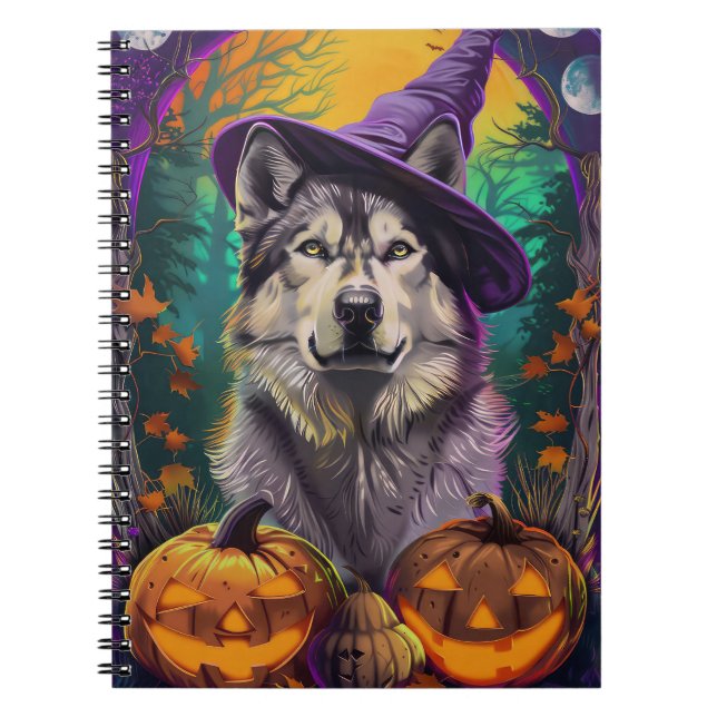 Alaska Malamute Halloween Witch och Pumpkin Anteckningsbok (Framsidan)