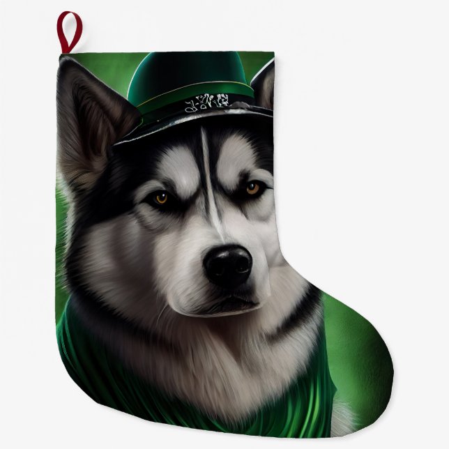 Alaska Malamute hund i St. Patrick Dress Stor Julstrumpa (Framsidan)