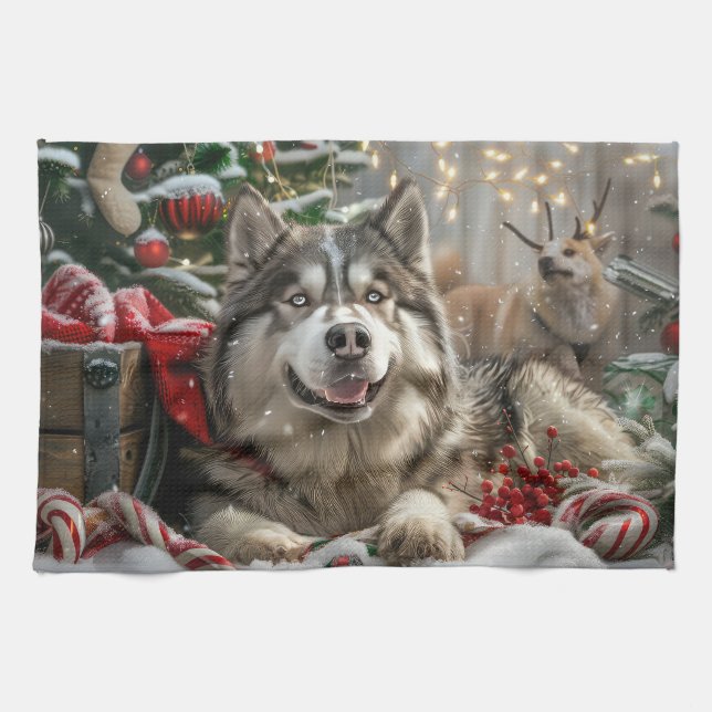 Alaska Malamute Hund jul - helgdag Kökshandduk (Horisontell)