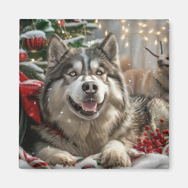 Alaska Malamute Hund jul - helgdag Magnet (Framsidan)