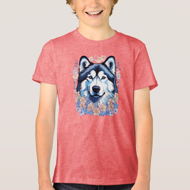 Alaska Malamute Hund omringad av Glöm Me-Nots T Shirt (Framsida)