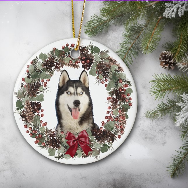 Alaska Malamute Hund Red Bow Pinecone Wandeans Julgransprydnad Keramik (Skapare uppladdad)