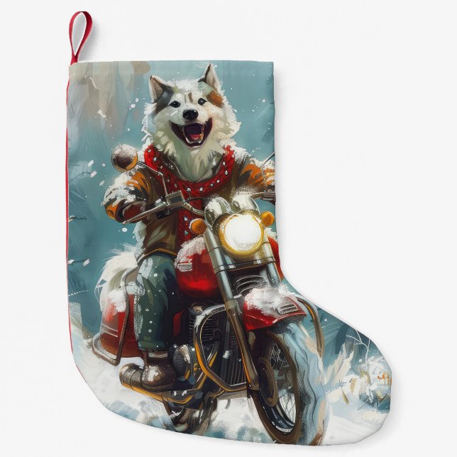 Alaska Malamute Hund Riding Motorcle jul Liten Julstrumpa (Framsidan)