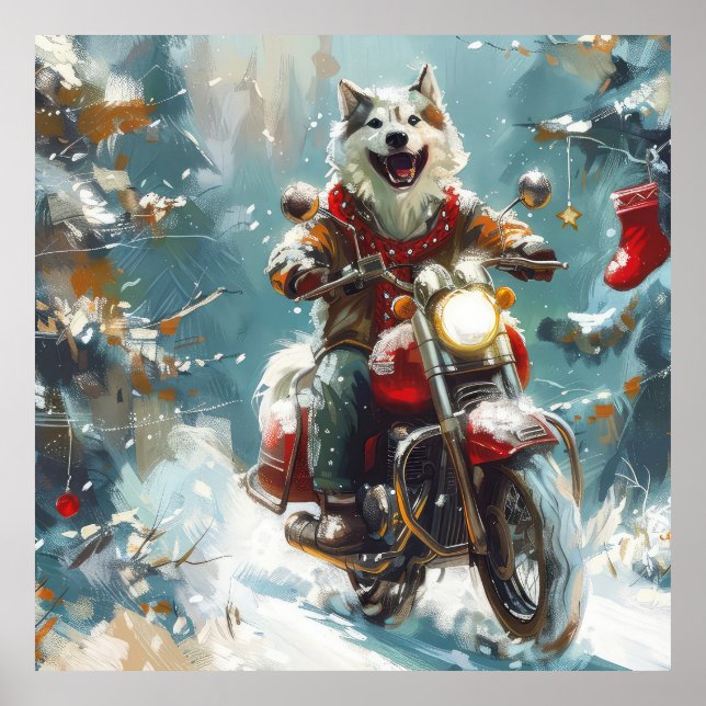 Alaska Malamute Hund Riding Motorcle jul Poster (Framsidan)