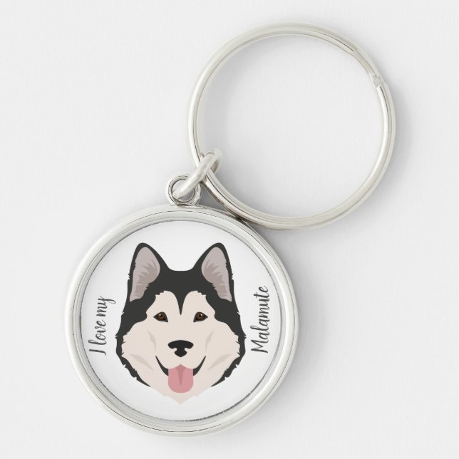 Alaska Malamute hund Rund Silverfärgad Nyckelring (Framsidan)