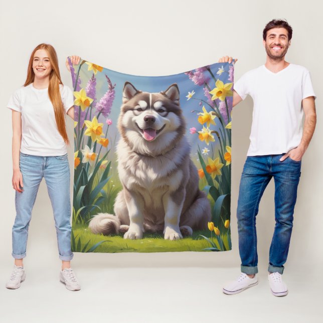 Alaska Malamute Hund Vår blommor Painting Fleecefilt (På plats)
