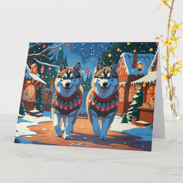 Alaska Malamute Hundar jul Snö Helgdag Kort (Gul blomma)